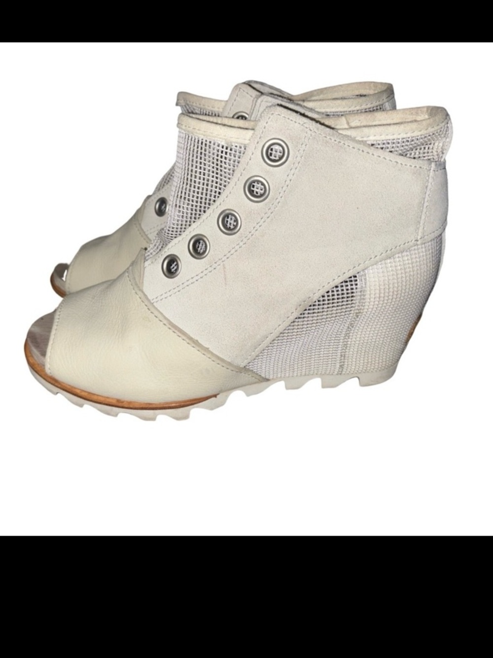 SOREL Sea Salt Ivory White Suede Leather Joanie Mesh Wedge Open Toe Ankle Boots